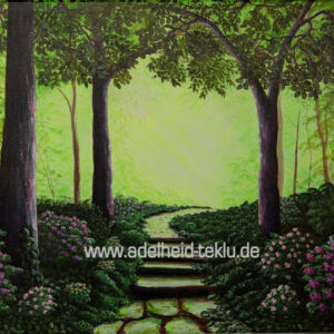 Treppe im Frühlingswald - Original Gemälde